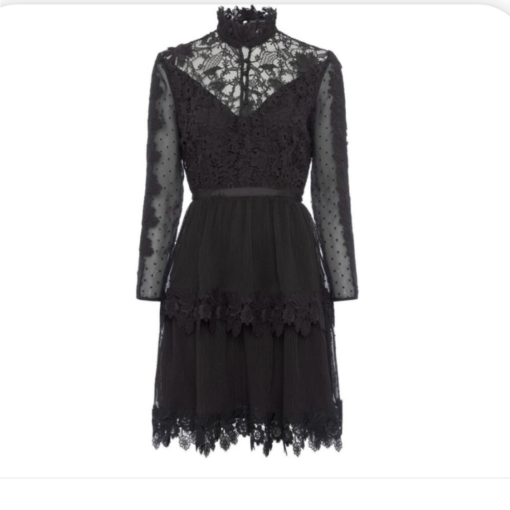 French Connection Black Gariana Lace Cocktail Dress with Tiered Skirt Sz 12